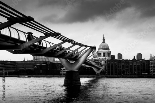 View of St Paul cathedral from the millennium bridge, london, uk. Black and white