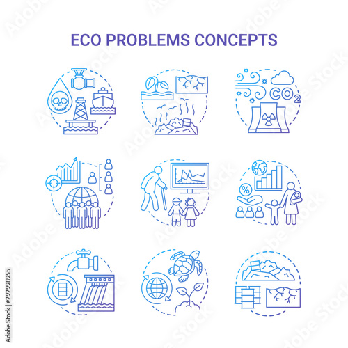 Eco problems concept icons set. Ecological disaster idea thin line illustrations in blue. Pollution of water  soil   air. Overpopulation and biodiversity. Vector isolated outline drawings