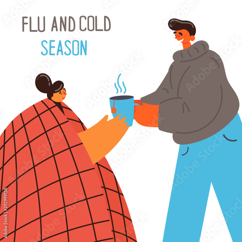Young girl with blanket caught cold flu or virus.The guy gives tea to his girl caught cold or flu. Care for a sick partner.With high temperature and hold cap of hot tea.Vector.Flu and cold season.