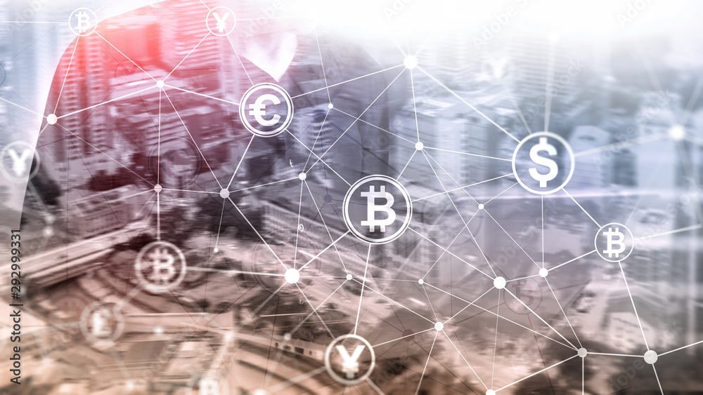 Digital economy and currency trading. Double exposure Bitcoin and blockchain concept. Digital economy and currency trading. Double exposure Bitcoin and blockchain concept.