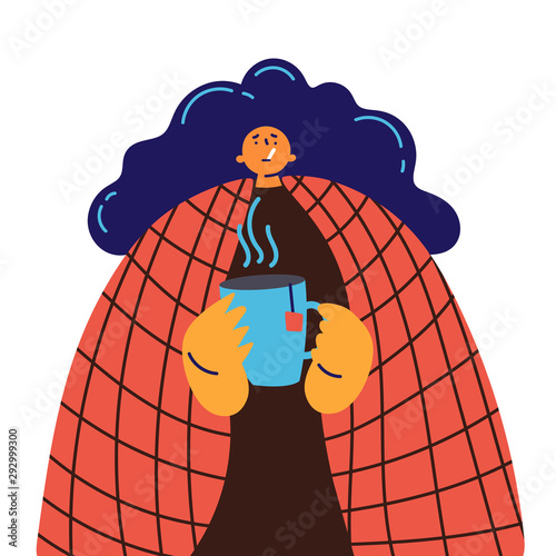 Young girl with blanket caught cold flu or virus. With red nose, high temperature and hold cap of tea. Vector isolated objects on white background.