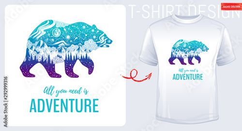 Trendy t-shirt print design. Great Bear in hand drawn sketch style. T shirt with vector Northern Light, Big Dipper constellation, forest, mountain element. Apparel print illustration isolated on white