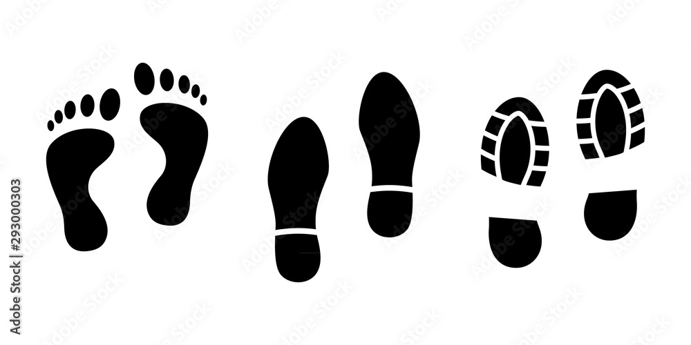Shoe and bare foot print set icon Shoe and bare foot print set icon