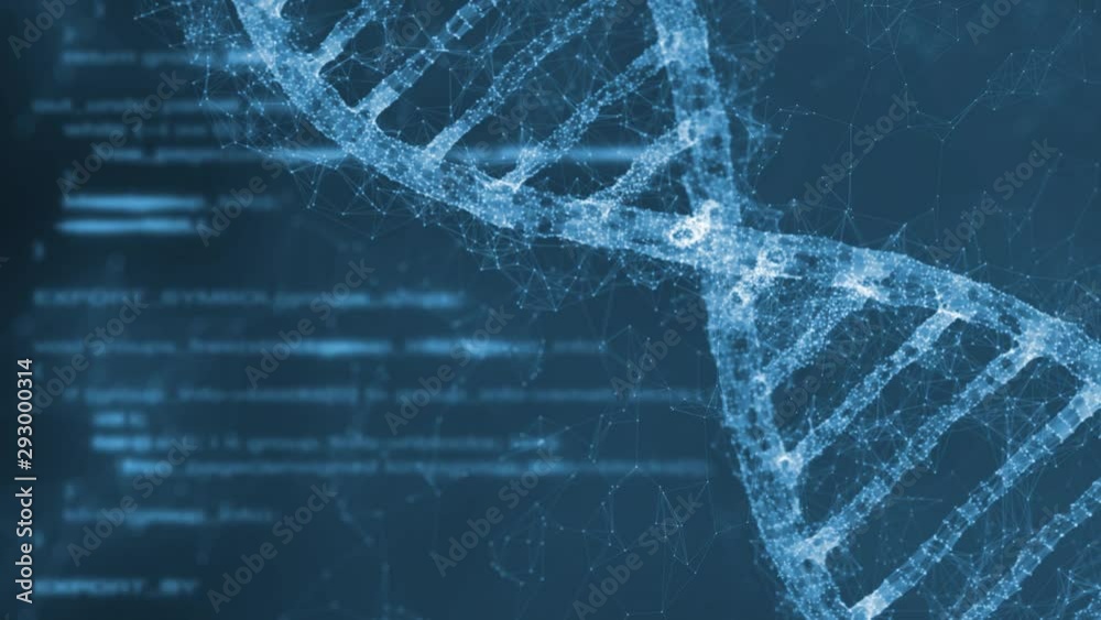 Dna double helix structure rotation on artistic blurry science computer screen.