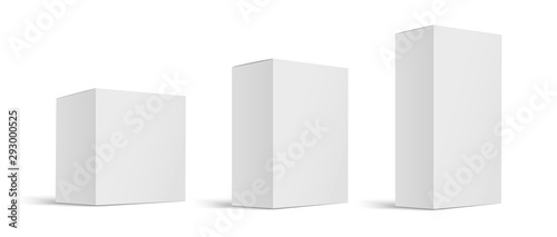 Mock up white cardboard box. Set of cosmetic or medical packaging. Set of Blank white product packagings boxes isolated on white background. Vector illustration