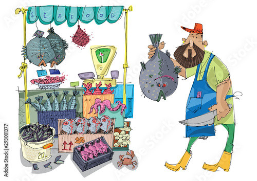Vendor stays near cute seafood marketplace full of all kind of oceanic and sea food. Cartoon. Caricature.