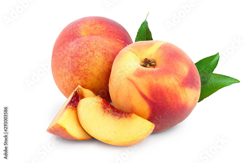 Ripe peach fruit and slice with leaf isolated on white background