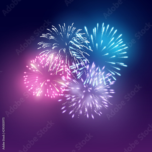 A group of realistic bright fireworks lighting up the night sky. Vector illustration