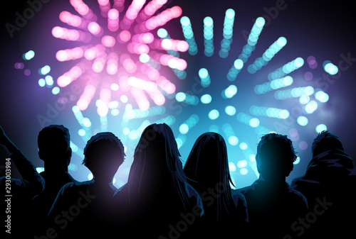 A large crowd of people watching and enjoying a firework display event. Vector illustration.