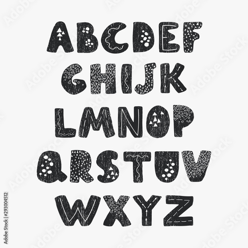 Vector cute black and white alphabet for kids. Can be used as elemets for your design for greeting cards, nursery, poster, card, birthday party, packaging paper design, baby t-shirts prints