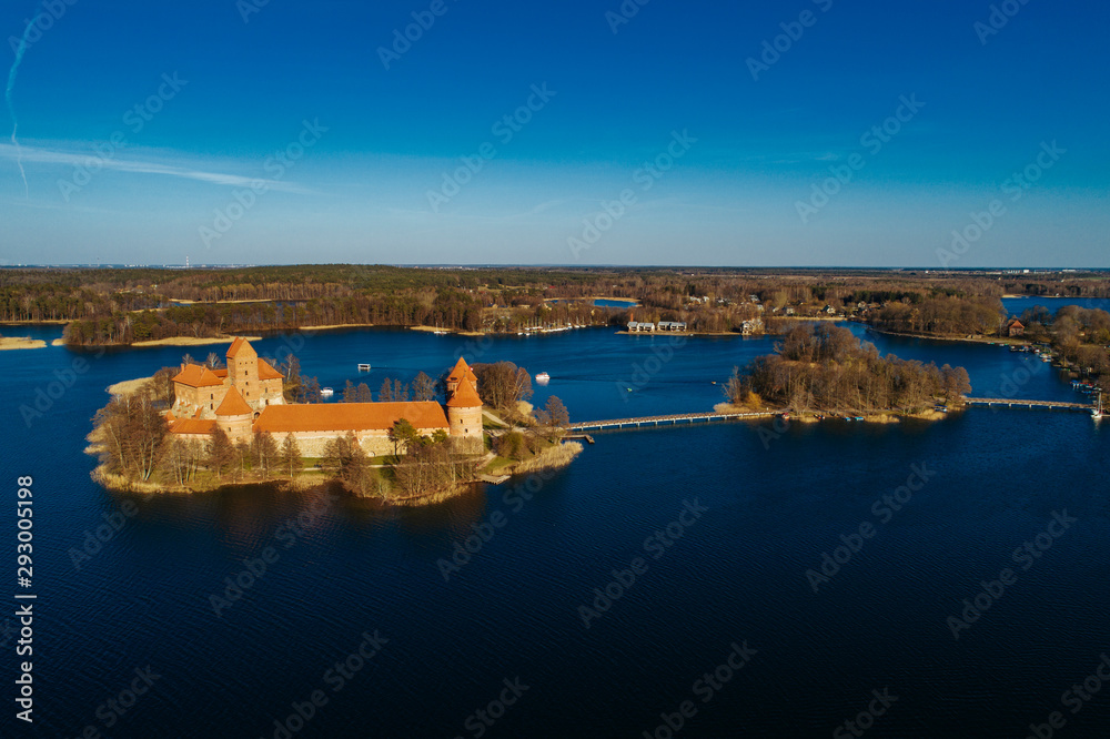 Birdseye view of Trakai castle in Lithuania during sunset. One of the most popular tourism objects in Lithuania.