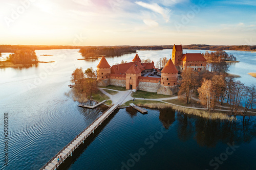 Birdseye view of Trakai castle in Lithuania during sunset. One of the most popular tourism objects in Lithuania. photo