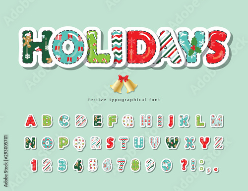 Christmas cut out decorative font. Scrapbook paper with stitching. All patterns are full under clipping mask. For posters, banners, greeting cards. Vector