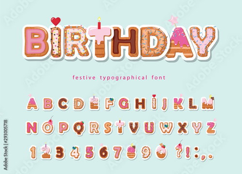 Cake cartoon font. Cute sweet letters and numbers for birthday card, baby shower, Valentines day, sweets shop, girls magazine, collages. Paper cut out. Vector.