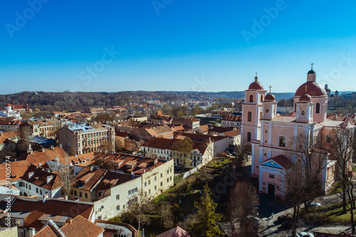 Aerial view of an old town in Vilnius , Lithuania during sunny summer morning. (high ISO image)