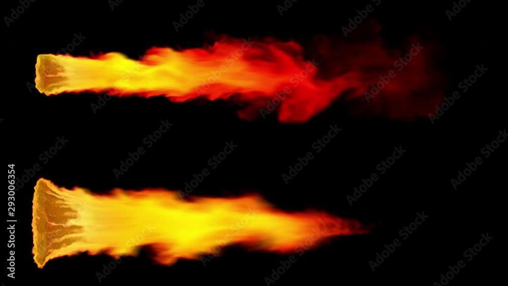 Rocket engine exhaust flame bursting from side on black background