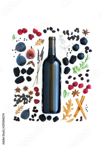 flavors of red wine flat lay, jammy red wine tasting notes - blackberry, raspberry, oak, earthy, pepper, herbs, chocolate, fig, coffee, copyspace, copy space, wine bottle mockup, mock up, blank label