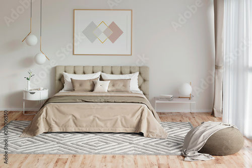 3d illustration. Cozy bedroom in warm colors with painting, a nightstand, a pouf, and a plaid. Front view photo