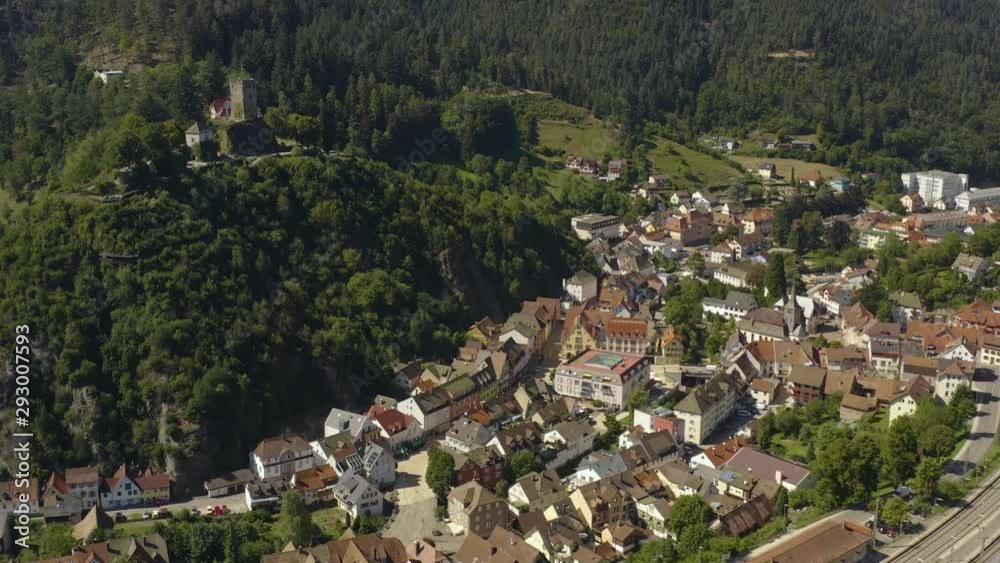 Aerial view of the city Hornberg in Germany in the black forest on a sunny day in summer. Zoom in on the old town. Aerial view of the city Hornberg in Germany in the black forest on a sunny day in summer. Zoom in on the old town.