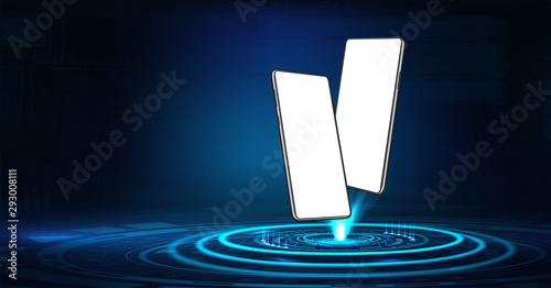 Futuristic hologram with smartphones in perspective view, expanded position. 3D realistic cell phones. Vector futuristic illustration, Mobile phone for advertising marketing, presentation. Vector