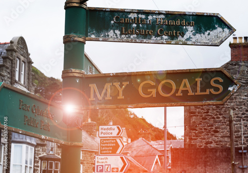 Handwriting text My Goals. Conceptual photo Future or desired result that a demonstrating commits to achieve Advertisement concept with empty copy space on the road sign photo