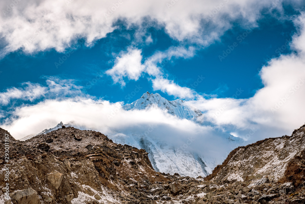 Snow covered mountain peaks in Himalayas, Nepal.