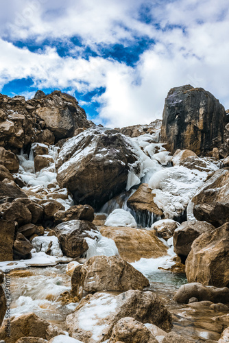 Icy rocks in Himalayan mountain waterfall in Manaslu region, Nepal