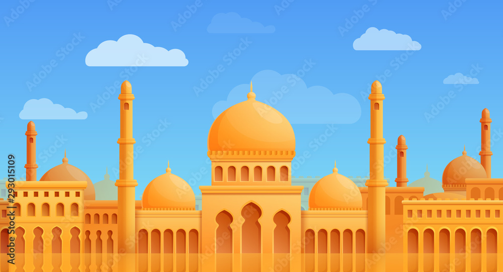 cartoon panorama of arab city with mosque vector illustration