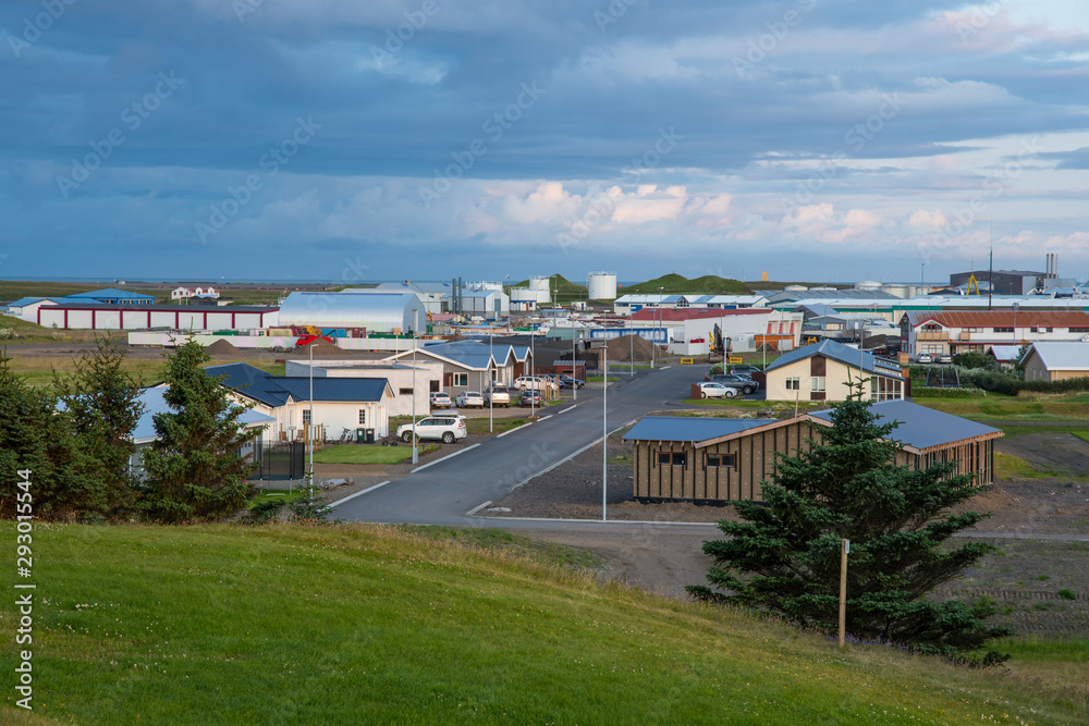 View over town of Hofn in Hornafjordur in Iceland