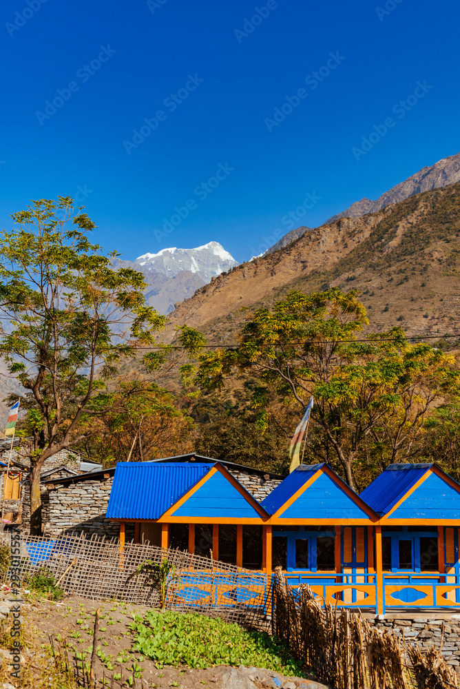 Village with blue roofs in Himalaya mountains, Nepal.
