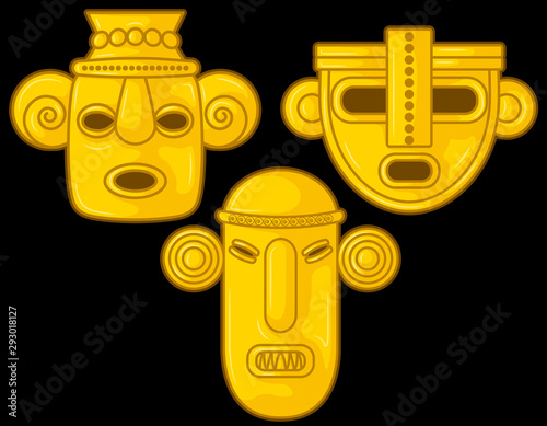 Ancient Colombian golden heads of some pre hispanic native cultures,Vector Illustration Set in black background. (Sinú, Tairona, Muísca, Tolíma, Quimbaya, Calima, San Agustín, Tierradentro) - Vector