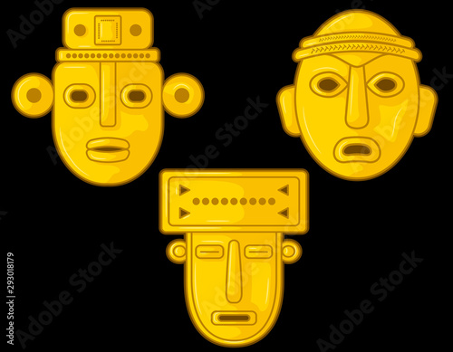 Ancient Colombian golden heads of some pre hispanic native cultures,Vector Illustration Set in black background. (Sinú, Tairona, Muísca, Tolíma, Quimbaya, Calima, San Agustín, Tierradentro) - Vector photo