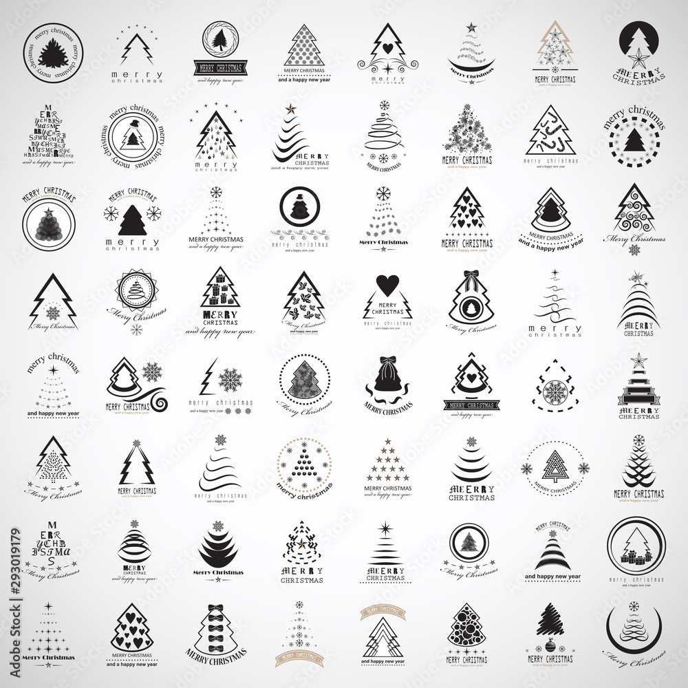 Abstract Christmas Tree Icons. Black Silhouette Set - Isolated On Gray Background - Vector Illustration. Collection Of Xmas Tree Icons. Abstract Art. Flat Pictogram. Christmas Trees Modern Silhouette