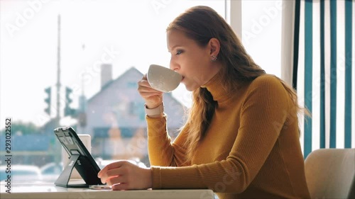 Portrait Close Up of Happy Pretty Young Woman, Girl Sitting in a Cafe Working on a Laptor, Drinking Morning Coffee in City. photo