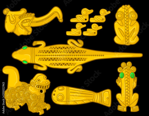 Ancient Colombian golden animal heads of some pre hispanic native cultures with emeralds,Vector Illustration Set in black background. (Sinú, Tairona, Muisca, Tolíma, Quimbaya, Calima) - Vector photo