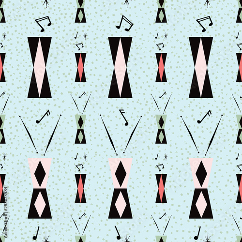 Mid century musical seamless pattern with tall drums  and and a fun, kitschy take on the atomic era. Notes and drumsticks, diamond patterned drums. Pink and black on light blue textured background.