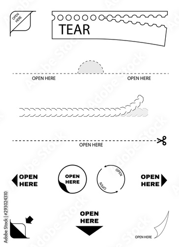 Open here package icons. Paper box tear, cut. open here sign. Sticker symbol. Scissors line. Vector