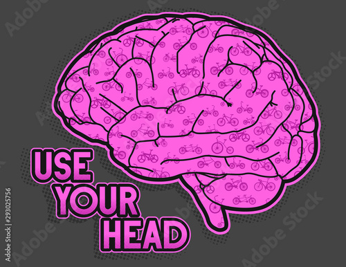 Bike set or Bycicle set inside a brain side form, Use your head, vector illustration, vector art. ideal for stamps and t-shirts