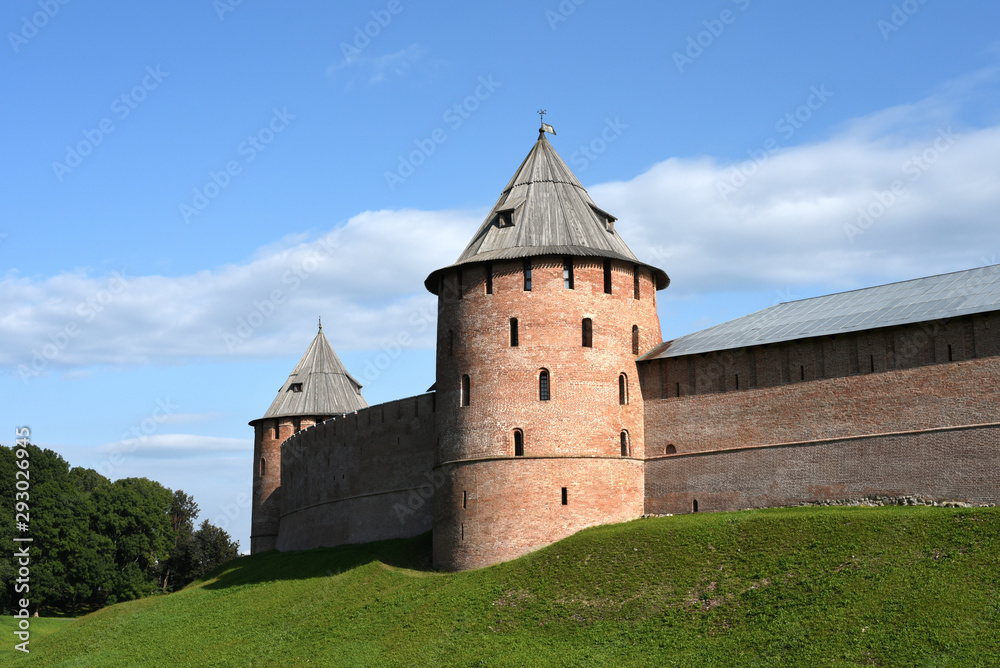 Russia. Veliky Novgorod. Metropolitan and Fedorovskaya towers of the Kremlin.