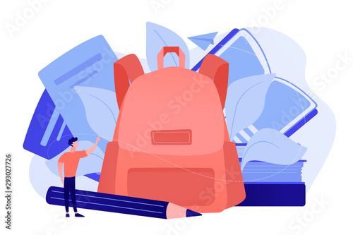 Backpack with books, notebooks, pencil and student. Back to school supplies and stationery, education tools and accessories, learning equipment concept. Pink coral blue vector isolated illustration.