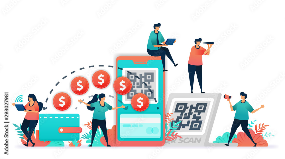 Conversion from conventional transaction using banknote or money to digital wallet. scan QR code for mobile banking and cashless payment system, fintech or financial technology, cashless society.