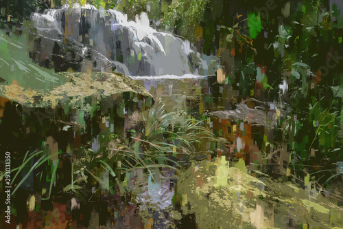 Abstract painting of waterfall in forest, digital painting © pomiti