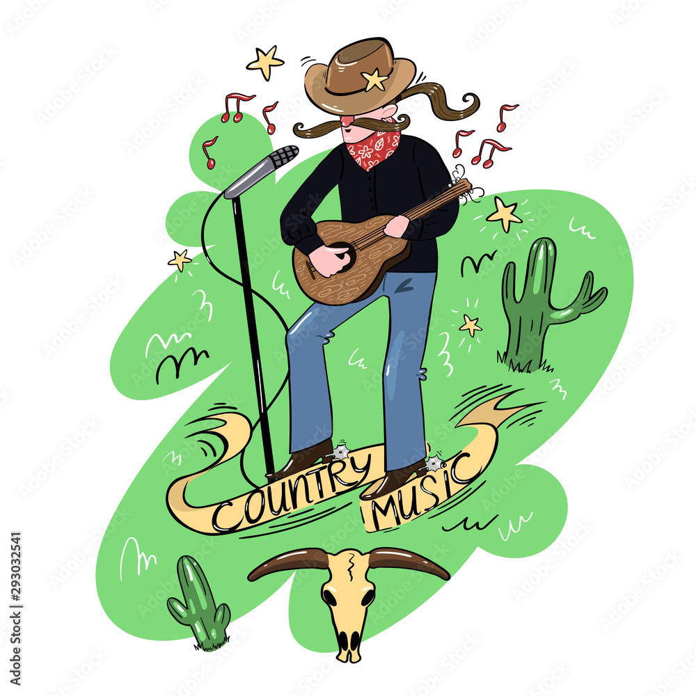 Doodle style country singer with microphone and guitar