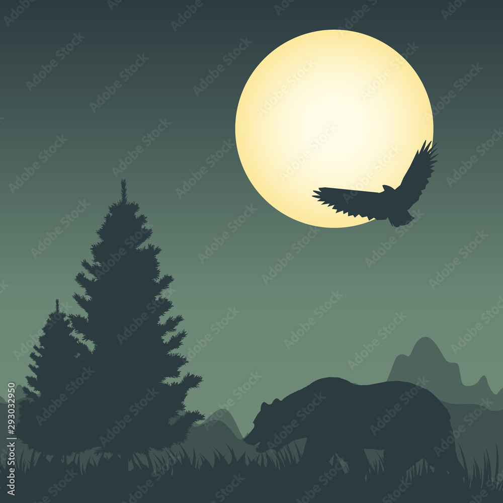 Night landscape: trees, moon, mountains bear and bird. vector illustration on gradiend background.
