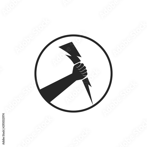 Vector illustration of a human hand in circle holding a lightning flash or thunder bolt symbol.