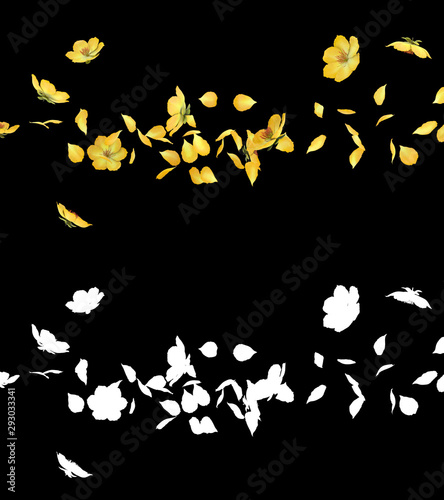 3D illustration of a yellow flower petals flow with alpha layer