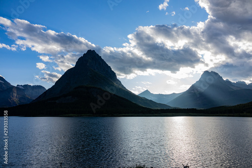 Sunset view of the Mount Wilbur  Swiftcurrent Lake in the Many Glacier area of the famous Glacier National Park