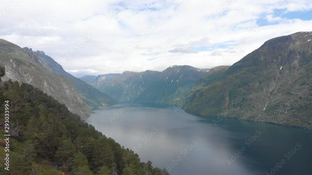 Aerial view of a norwegian fjord, Geiranger moving forward Aerial view of a norwegian fjord, Geiranger moving forward