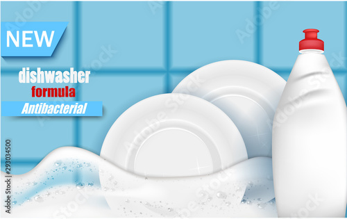 Dishwashing liquid bottle with a clean white plates, on colorful