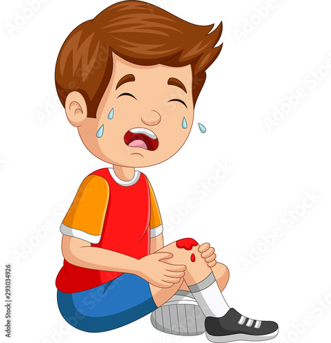 Cartoon little boy crying with scraped knee